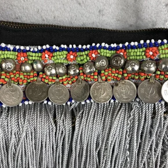 Elliot Mann Purse Beaded Fringe Coin Indie Firefly Boho Art to Wear Retro - Picture 10 of 16